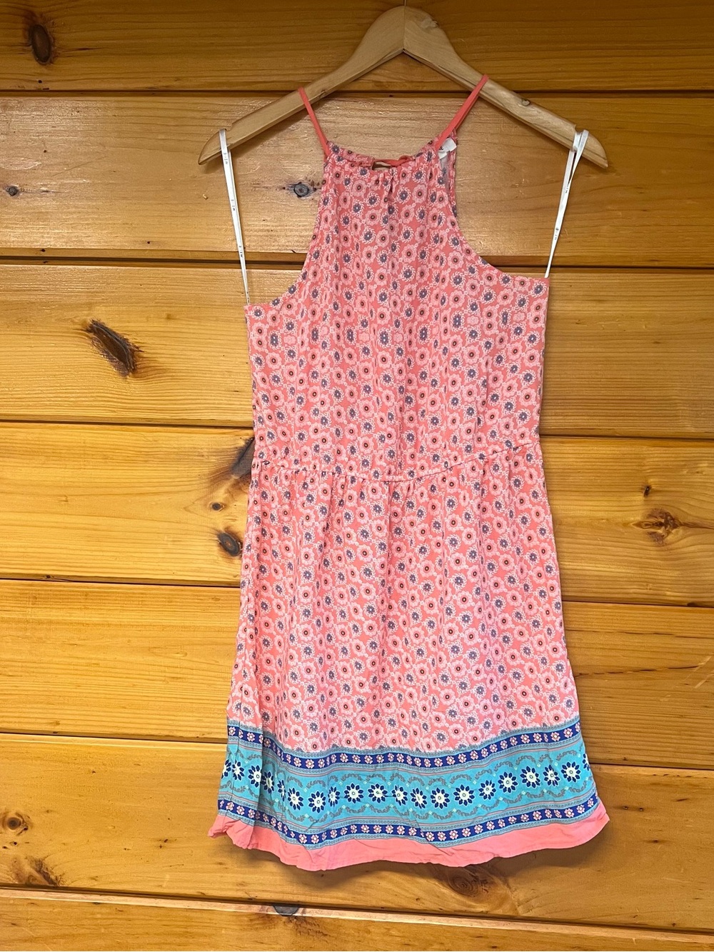MINE Dress Girls Youth M Sleeveless Coral Floral Halter Colorful Sundress